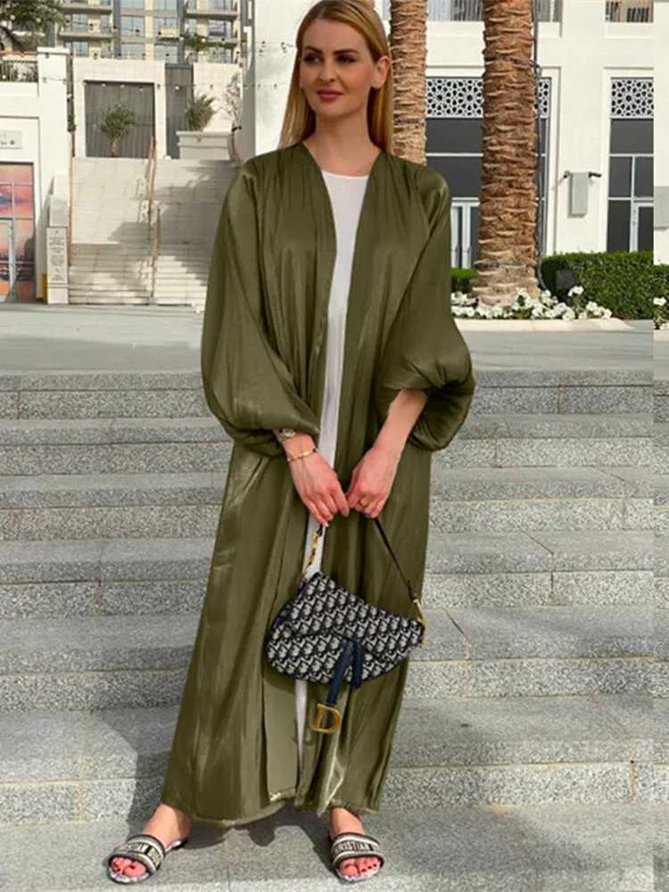 Eid Djellaba Abaya Dubai Shiny Soft Cuff Slves Muslim Dress Silky Kimono Dubai Turkey Muslim Dress Islam Abayas With Belt WY56 X250514