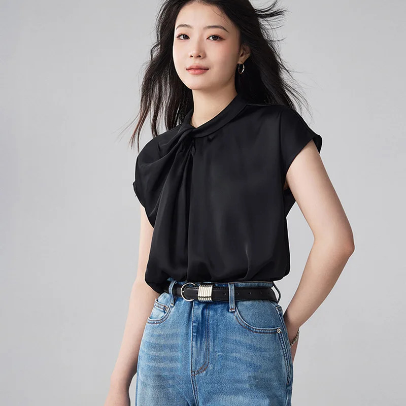 Summer Elagant Front Cross Womens Blouse Short Sleeve Stand Collar Korean Casual Loose Office Lady Shirts Female 250514