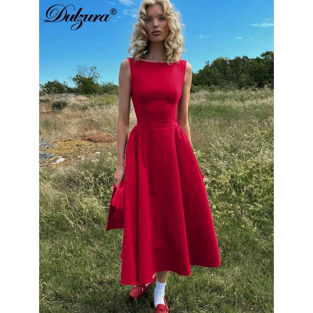 Dulzura O-Neck Sleeveless Zipper A-Line Midi Dress Solid Sexy Elegant Casual Outfit Party Club Streetwear Autumn Winter
