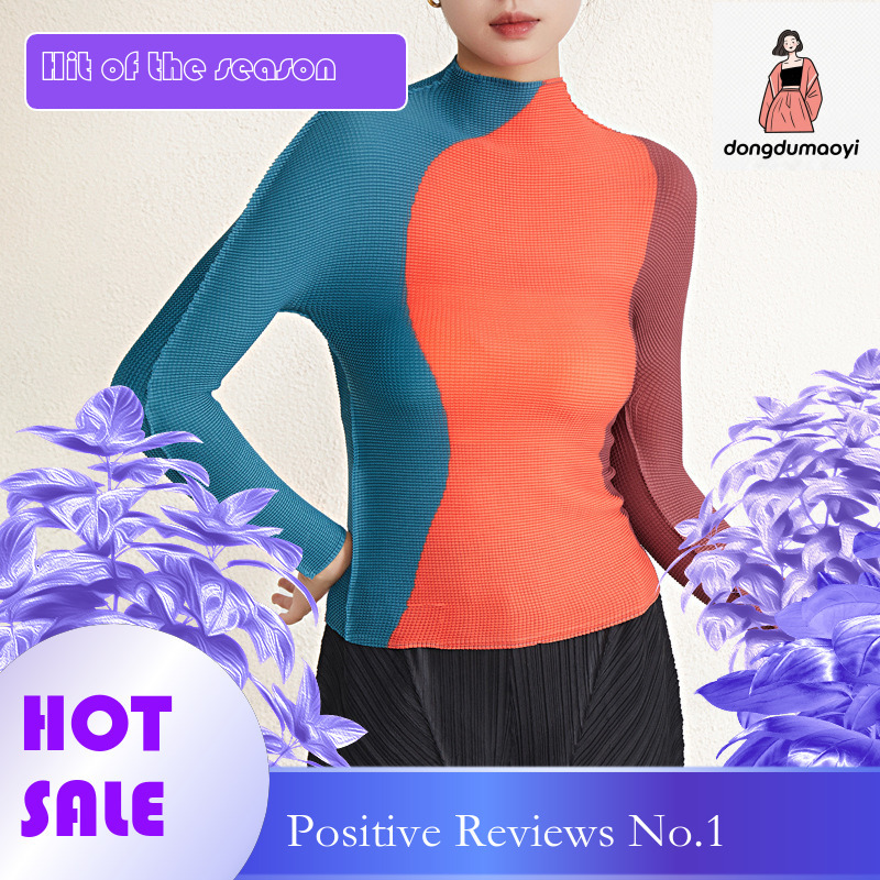 dongdumaoyi High end polo shirt, Miyake stretch T-shirt, light pleated top, women's long sleeved shirt