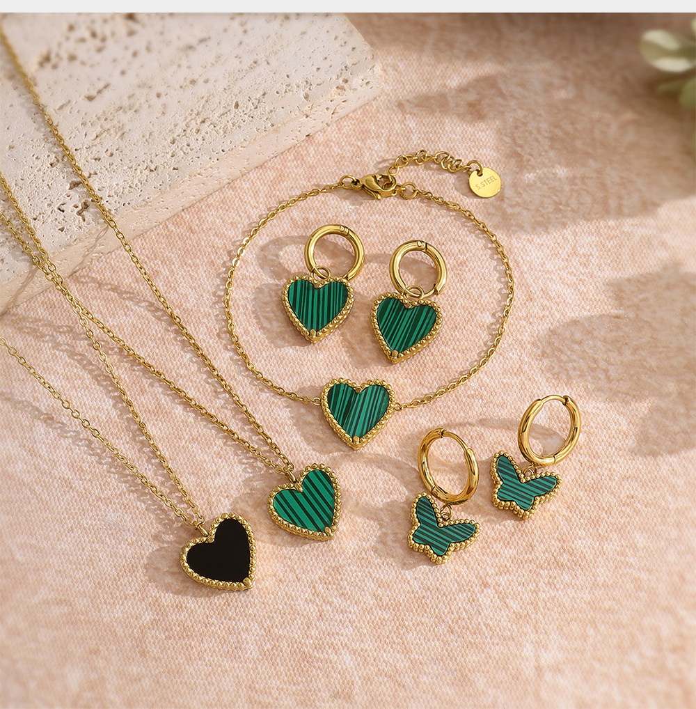 Minimalist Double-Sided Heart Necklace Set with Green Malachite, French Vintage Style, 18K Gold Plated Titanium Steel Jewelry for Women