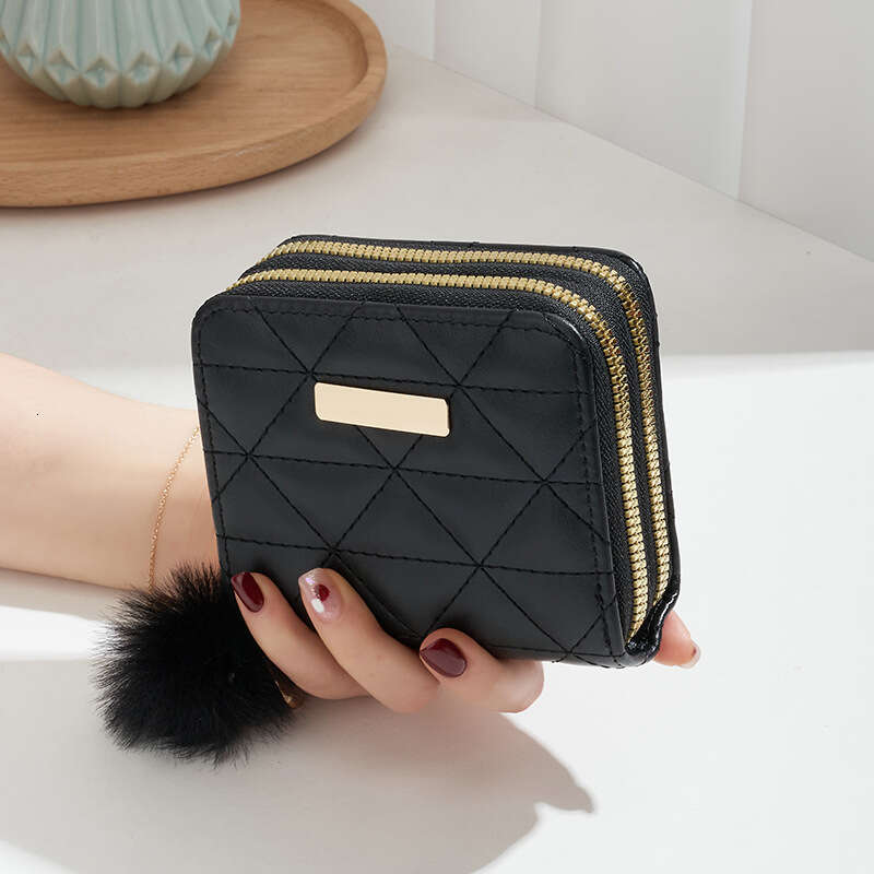 Small Hair Ball Bag New Double-Layer Wallet Dia Grid Texture Iron Label Women's Short Handheld Coin Purse