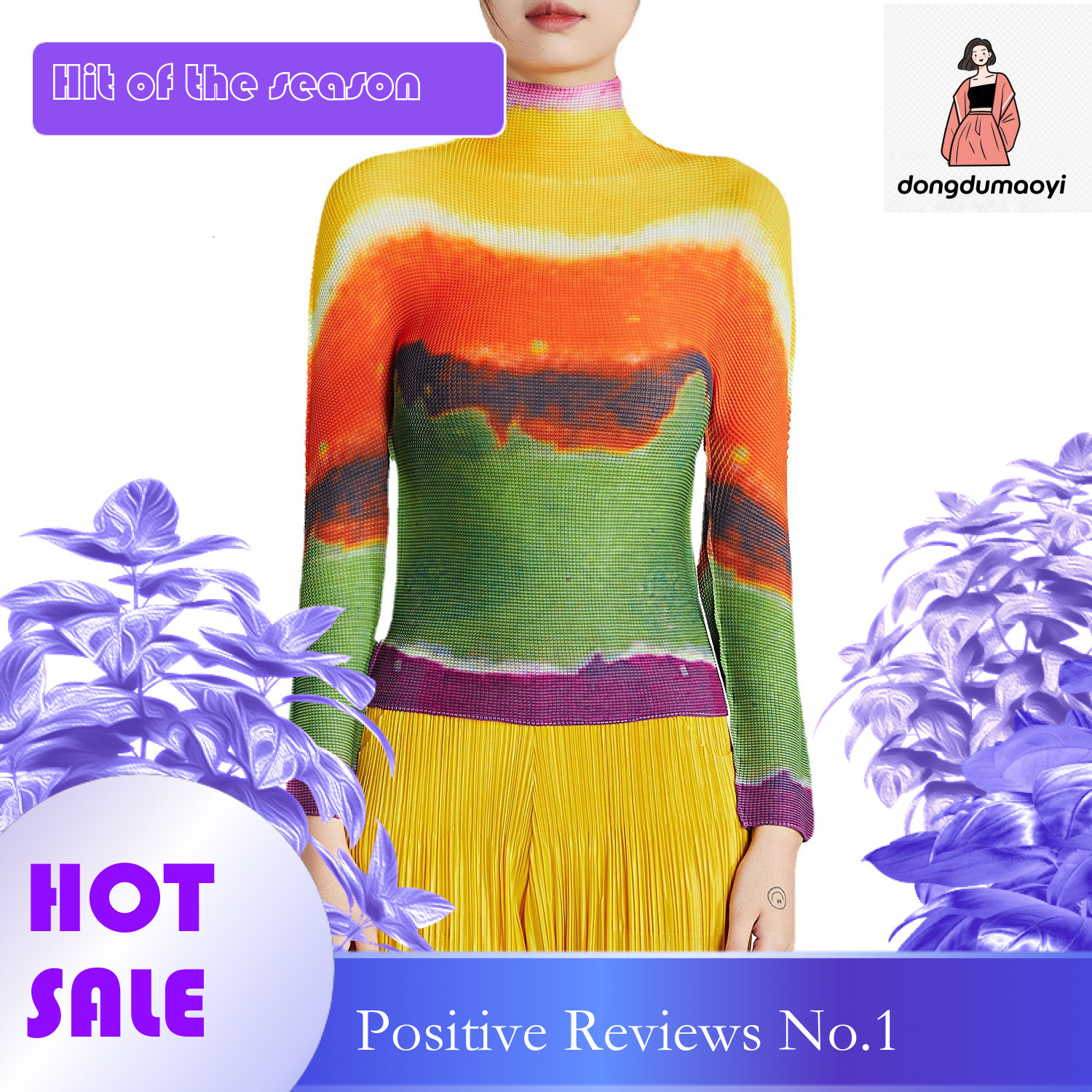 dongdumaoyi Wrinkled top abstract sunset print top, long sleeved T-shirt for women, new slim fit, slimming temperament, and stylish small shirt