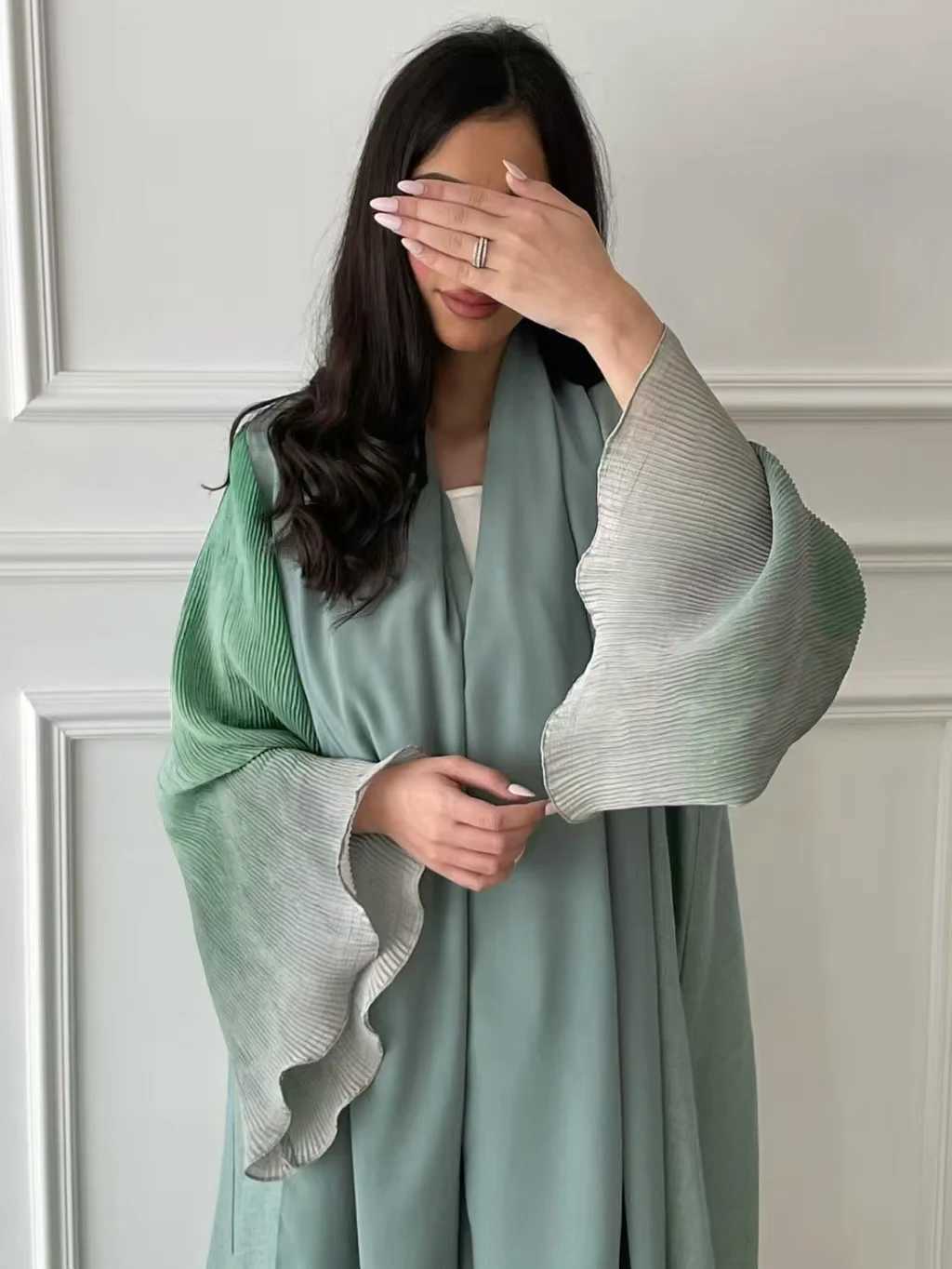 Middle-East Abaya Muslim Flare Slve Casual Arabian Pleated Open Front Abayas Turkey Kaftans Women Jilbabs Islamic Maxi Dresses X250514
