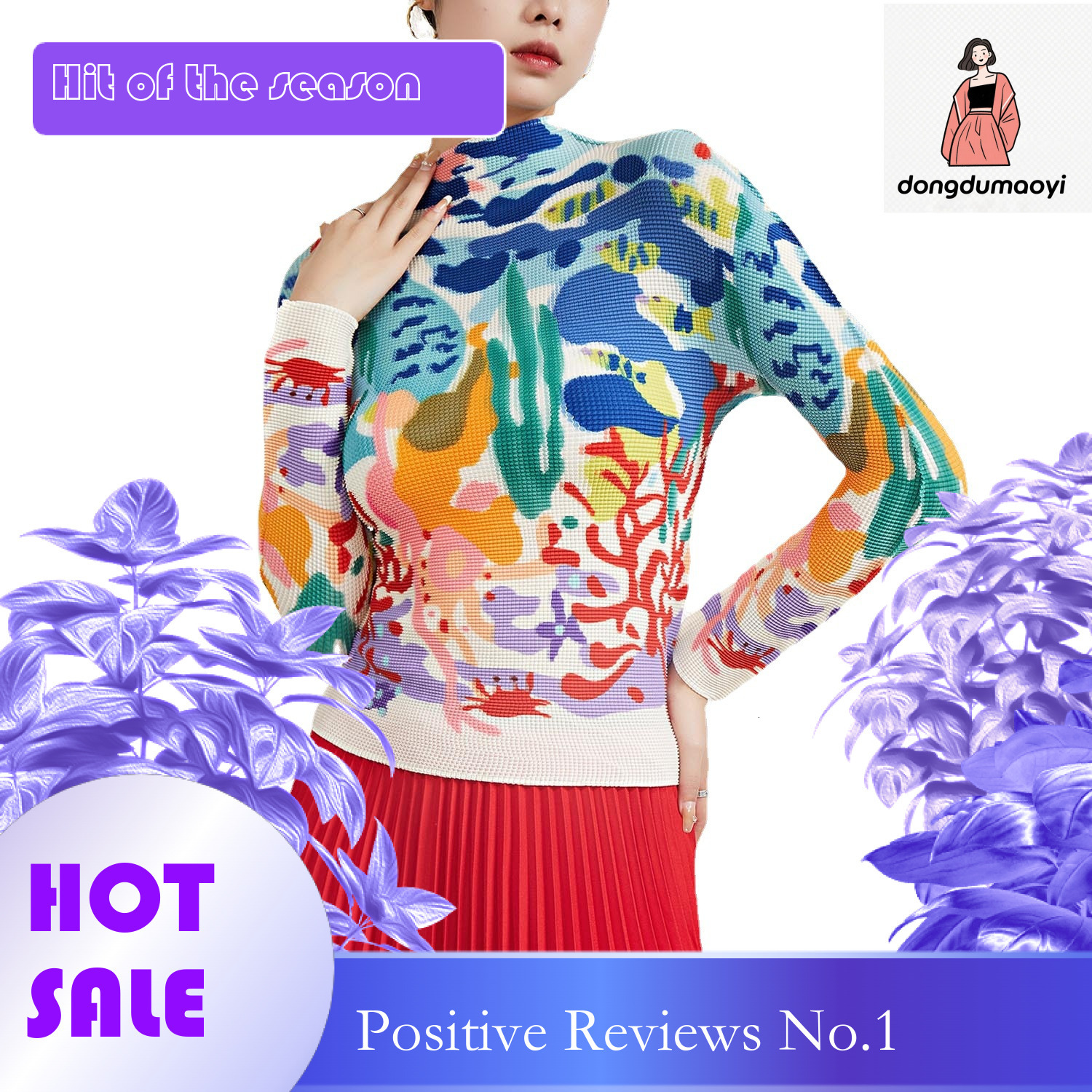 dongdumaoyi Miyake mainline graffiti women's high neck fashionable slim fit top autumn new long sleeved thin T-shirt base shirt for women