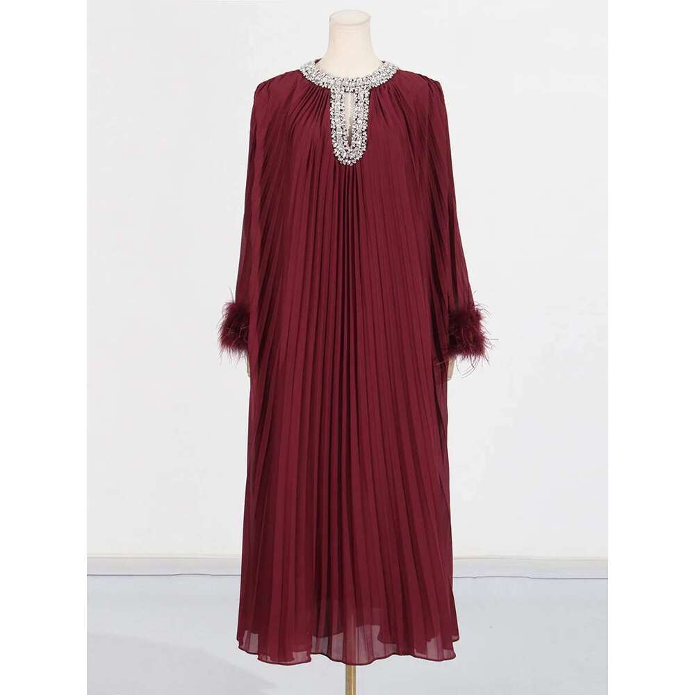VGH Solid Spliced Dias tail Dress for Women O Neck Long Sleeve Loose Wiast Patchwork Feather Dresses Female New
