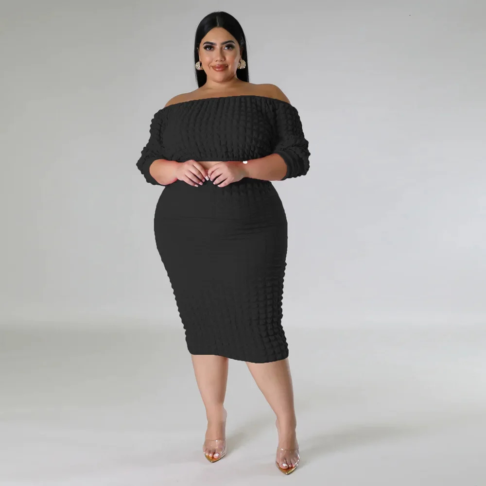 Plus Size 2023 European Womens Cross border Autumn Collection Solid Color Bubble 2piece Set 250506