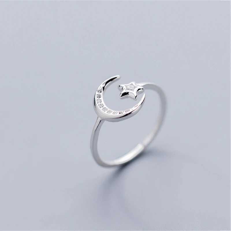 Real 925 Sterling Silver Minimalist Zircon Moon Star Opening Ring For Charming Women Party Fine Jewelry Cute 2019 GiftXJ250514