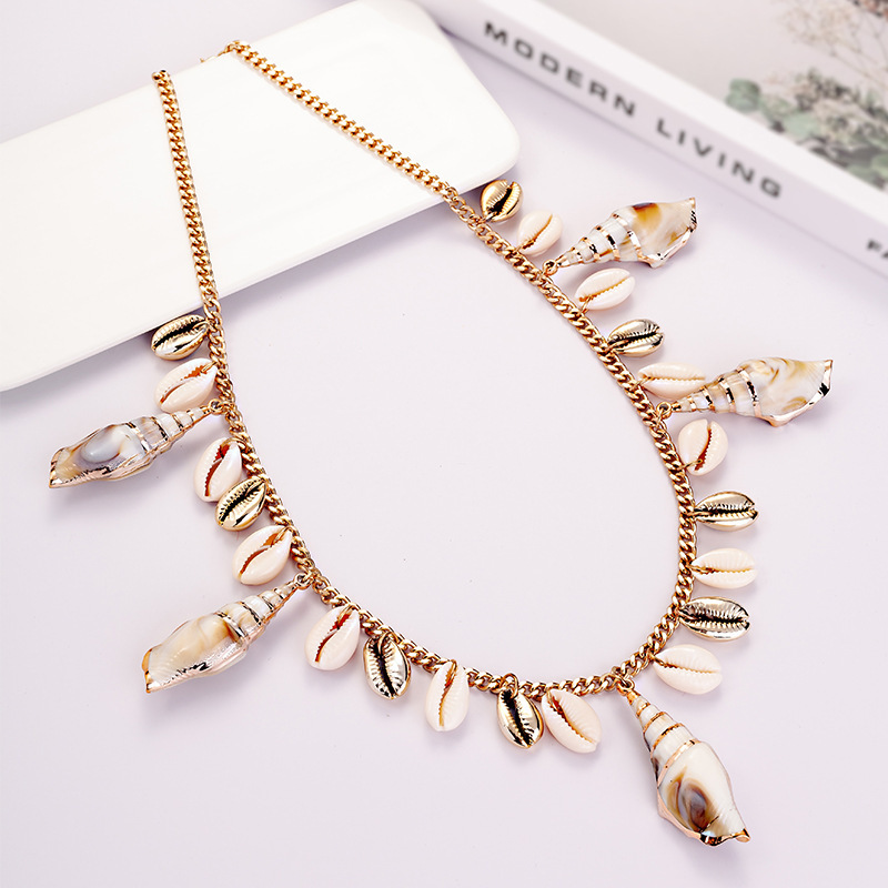Tooth Snail Shell Pendant Chain Necklace Handmade Straight