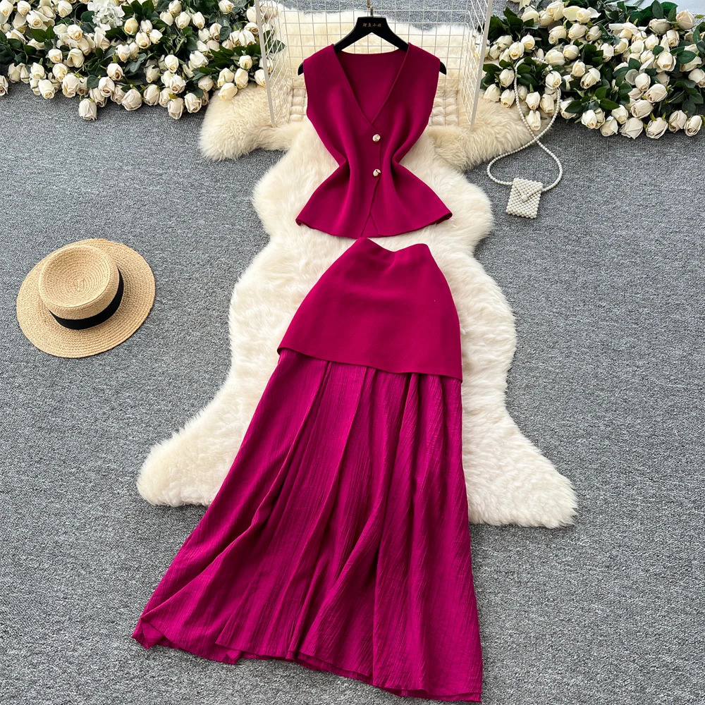 YuooMuoo Fashion Two Piece Suits for Women Summer Lady Elegant Patchwork Aesthetic Long Skirts and Knitted Vest Tops 250514