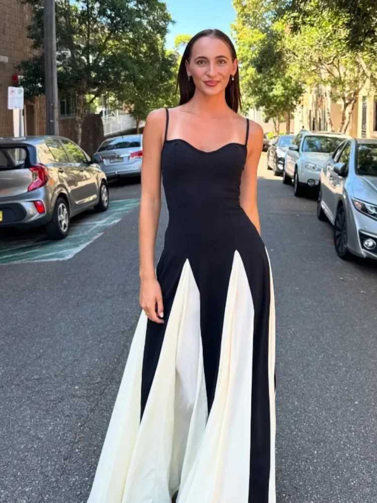 New Contrast Color A-line Womens Sling Dress Elegant Sleeveless Backless High Waist Long Robe Chic High Street Banquet GownsXJ250514
