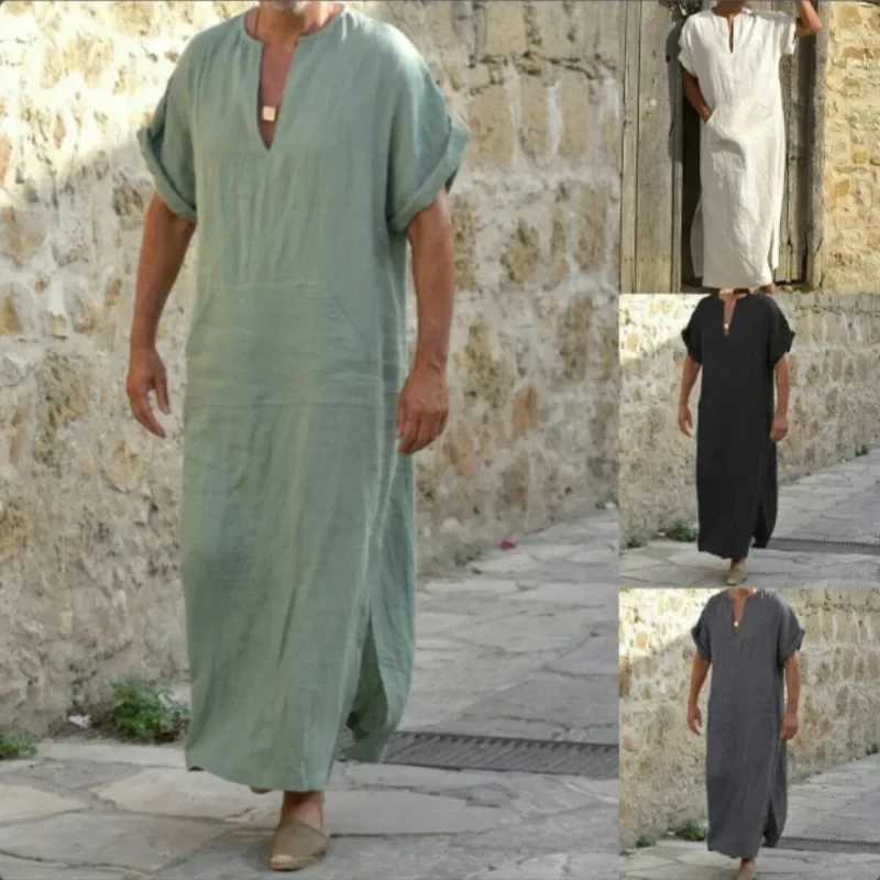 Ew Spring and Summer Models Men Muslim Style Mens Robe Simple Solid All-match Small V-neck Linen Comfortable Short Sleeve Robe X250514