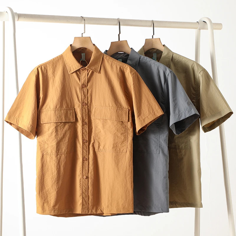 Mens Clothing Japanese Simple Cargo Pocket Short Sleeve Shirt Fashion Business Summer Relaxed Casual Solid Color 250506Z