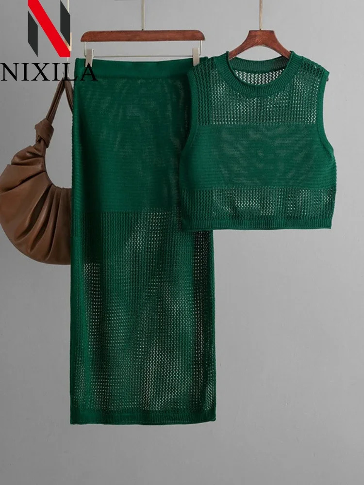 Spring Summer Hollow Out Beach Skirts Outfits for Women Knit Tank Tops with Slit Sexy Long Sets 2 Piece 250514