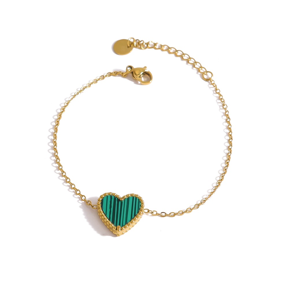 Minimalist Double-Sided Heart Necklace Set with Green Malachite, French Vintage Style, 18K Gold Plated Titanium Steel Jewelry for Women