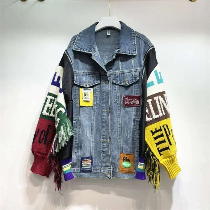 Women Letters Badges Embroidery Denim Coat Knit Spliced Sleeve Sweater Tassels Jeans Jacket Streetwear Cardigan Tops Chaquetas