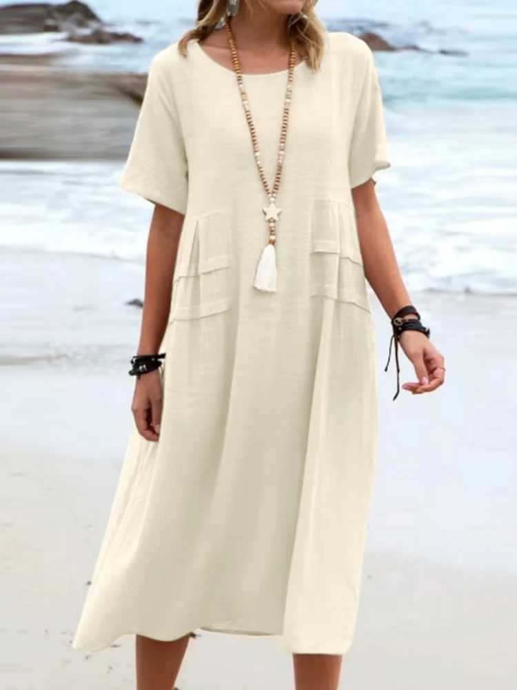2025 Summer Fashion New Womens Elegant Long Cotton and Hemp Dress Round Neck Vacation Short Sleeve Medium Long DressXJ250514