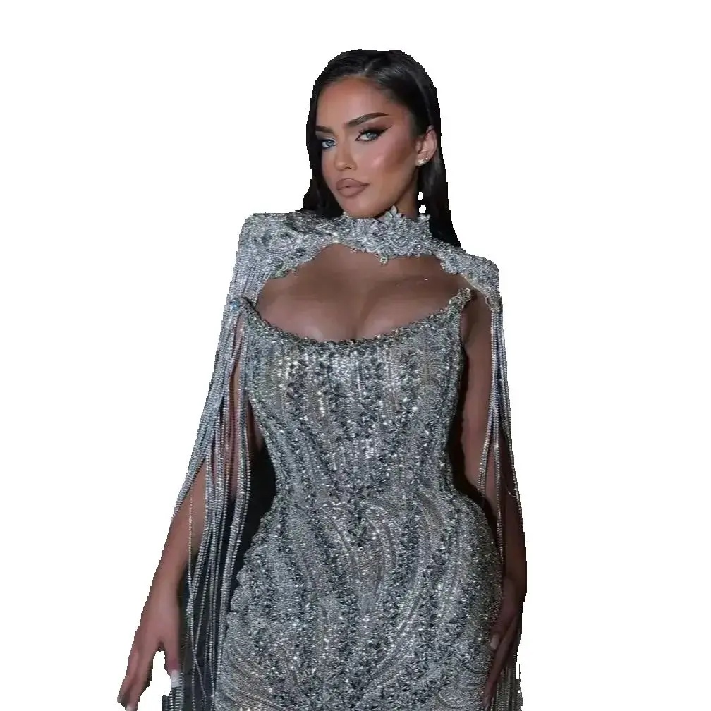 Luxury Tassel Prom Dress With Cape Sleeve Customized Beaded Dubai Party Gowns Africa Rhinestones Formal Evening Dresses