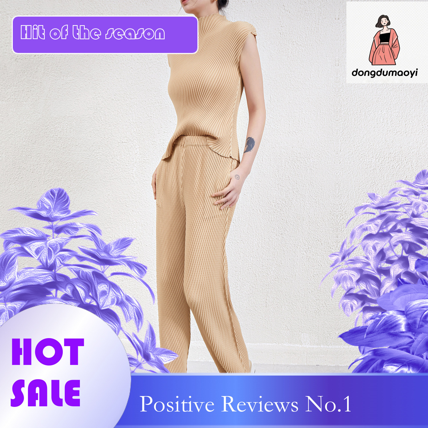 dongdumaoyi Fashionable pleated suit women's 2024 spring/summer new style simple casual short sleeved T-shirt top versatile slimming straight leg