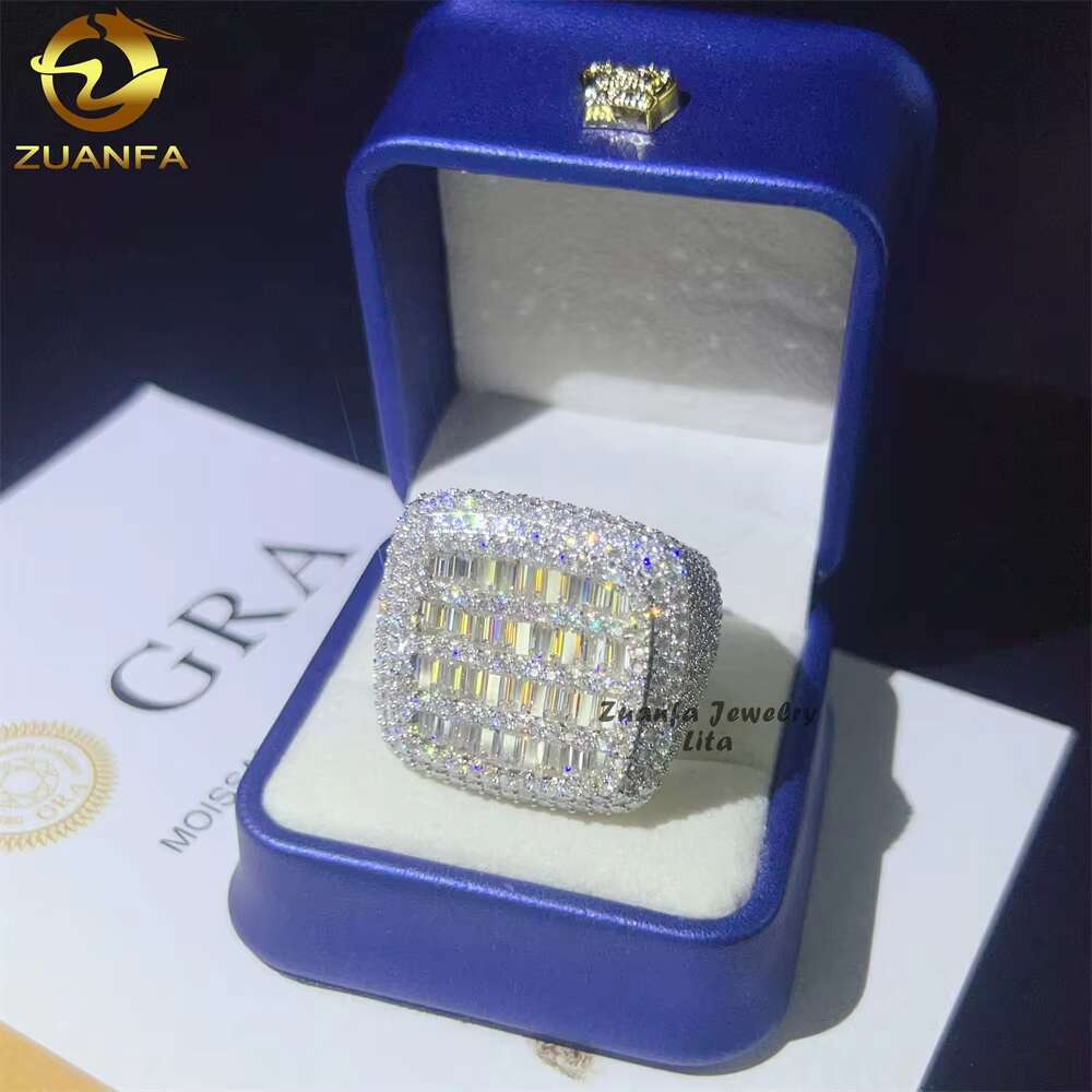 Luxury Big Pass Diamond Tester Diamond Hip Hop Rings baguette 925 Sterling Silver Mens Moissanite Ring