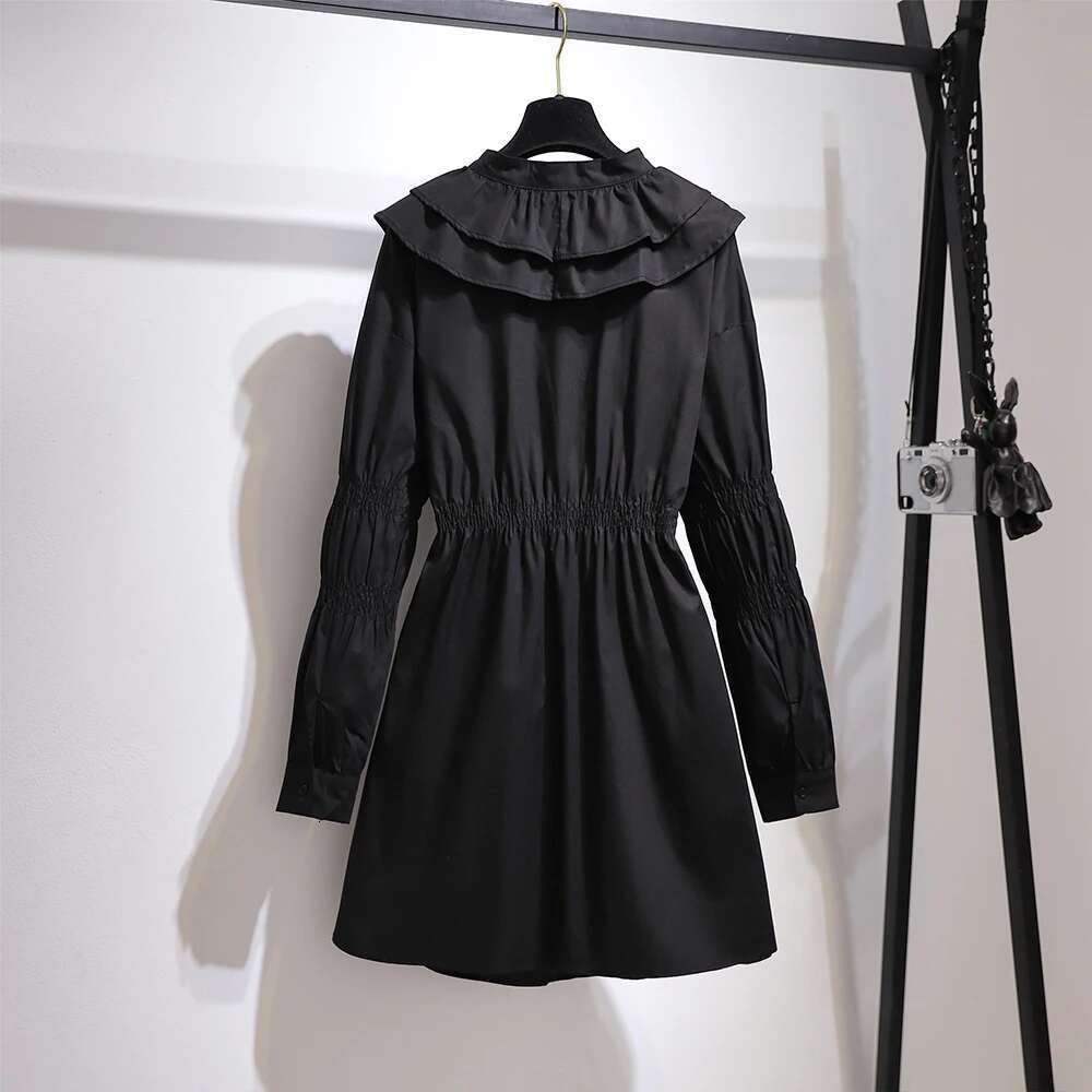 Plus size women's spring and autumn casual dress black cotton fabric comfortable breathable lace decoration cardigan skirt