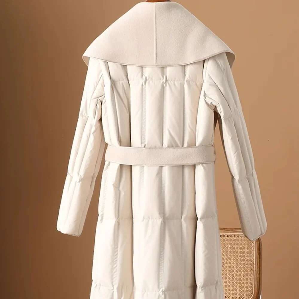 2024 New Fashion Winter Women Warm Slim Belt Thick Overcoat Female Long Duck Down Jacket Woolen Collar Coat