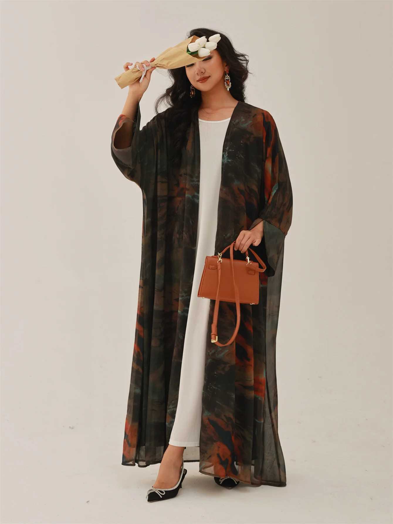 Middle-East Open Front Abaya Muslim Full Slve Tie-dye Loose Arabian Abayas Turkey Kaftans Women Jilbabs Islamic Maxi Dresses X250514