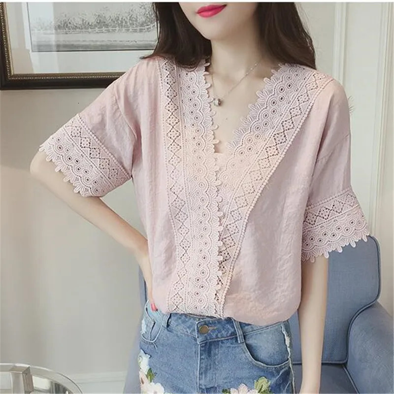 Women Summer Tops Crochet Lace Tees Sexy Vintage Short Sleeve T Shirts Loose Blouse Casual 250514