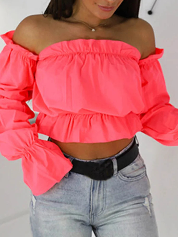 Candy Color Off Shoulder Crop Tops women Summer dot print lantern sleeve shirts Lady Sexy Slash neck beach blouse 250514