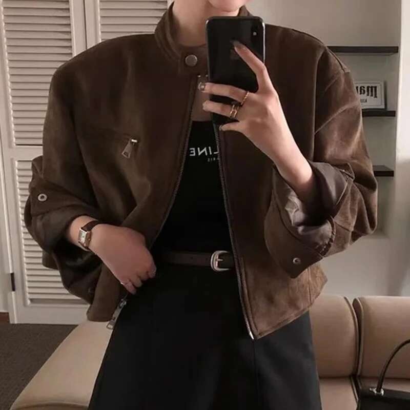 Korea Chic Autumn Retro Temperament Tops Stand Collar Zipper Pocket Loose Coats All-match Short Motorcycle Jacket Women