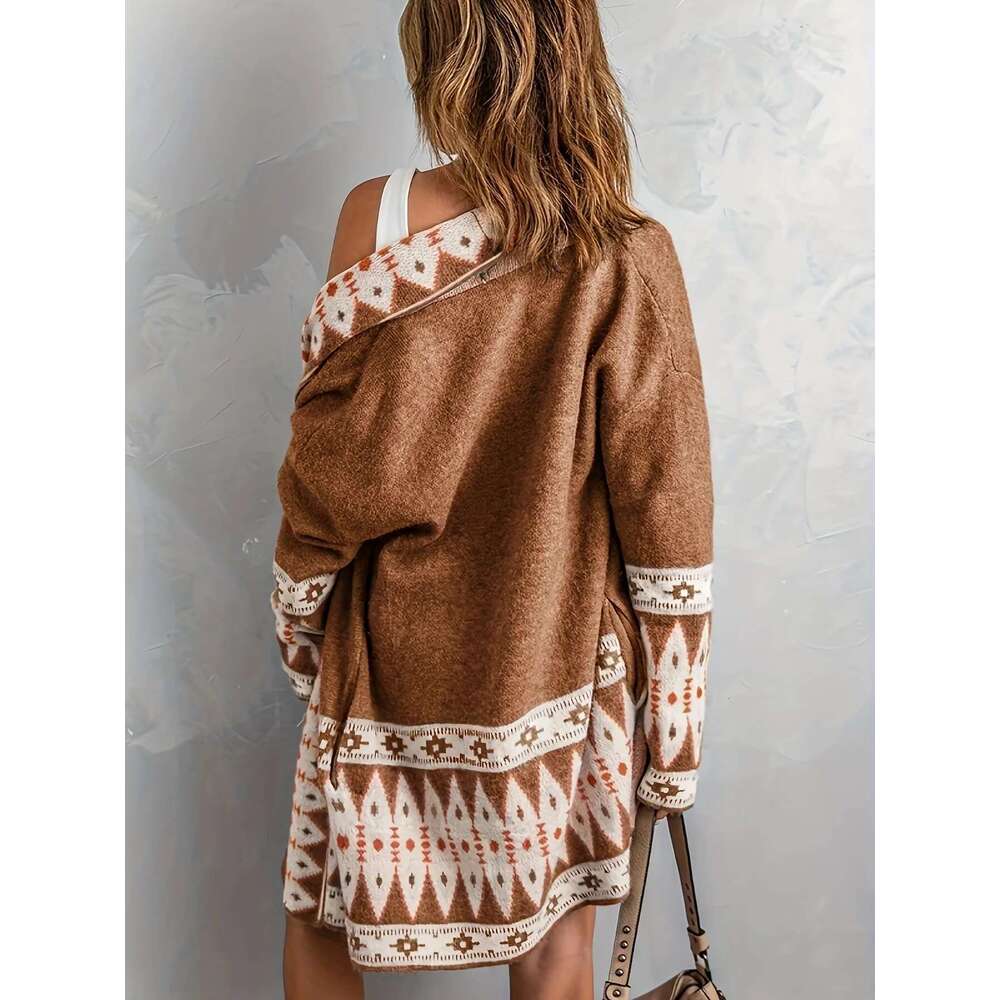 Sweater for Women, Boho Geometric Print Cardigan Sweater, Loose Mid-Length Knitted Jacket