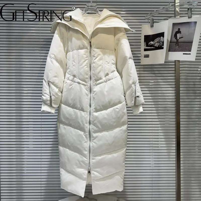 Getspring Women Coat 2024 Autumn Winter Fishbone Waist Design Full Sleeve Loose Long Warm Ladies White Duck Down Jacket New