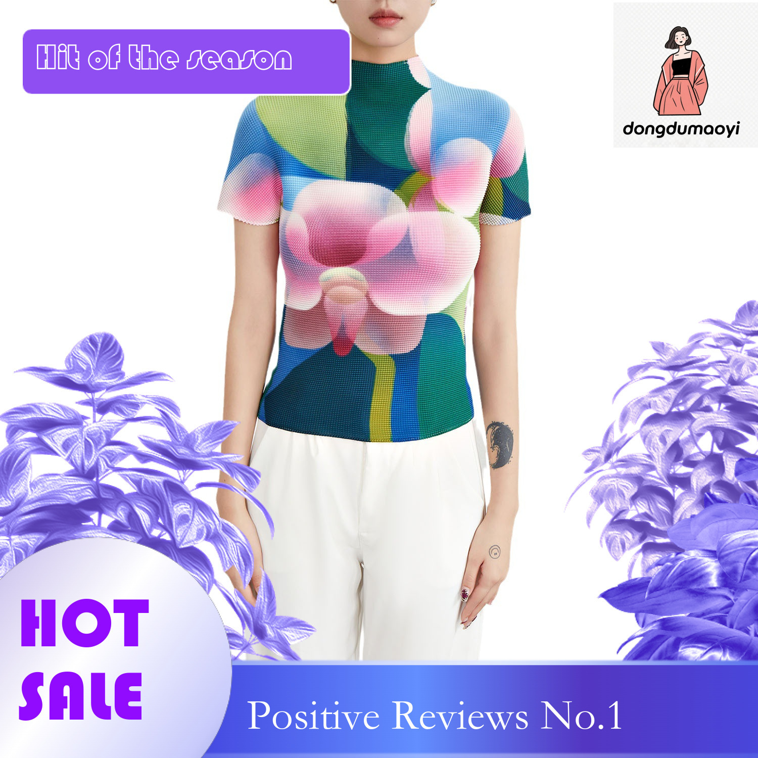 dongdumaoyi High end pleated short sleeved three bedroom top for women in summer, colorful slim elasticity, tight fit, plus size, high neck, light lux