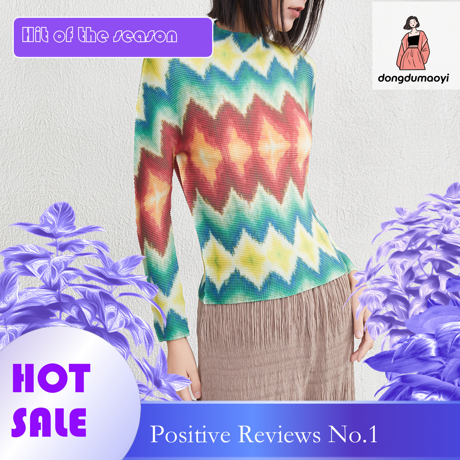 dongdumaoyi Miyake printed semi high neck base shirt for women in late autumn early winter, fashionable and western-style interior, long sleeved T-shi