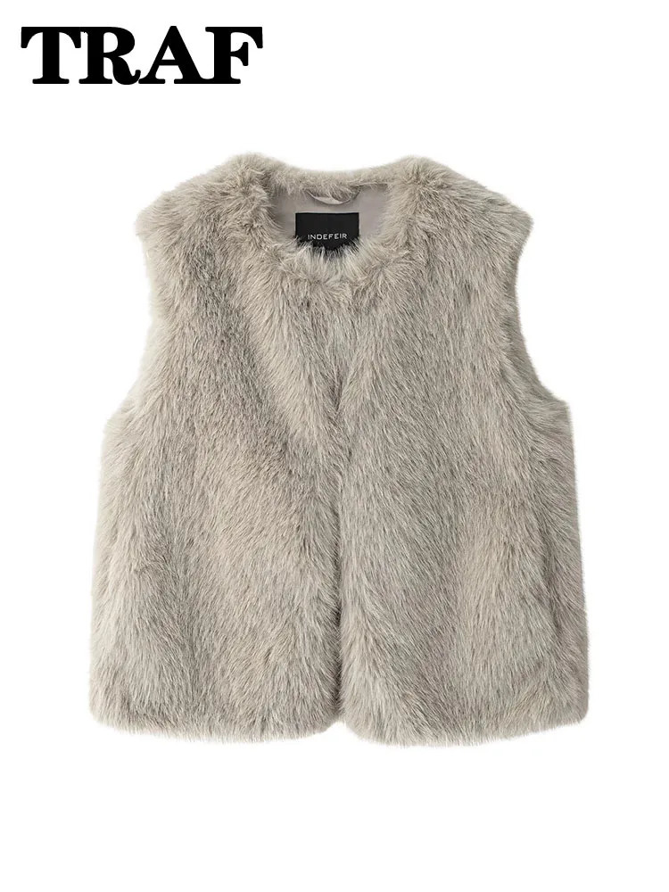 TRAF faux fur cut womens vest loose and comfortable sleeveless jacket soft textured top of the line streetwear for women 250506