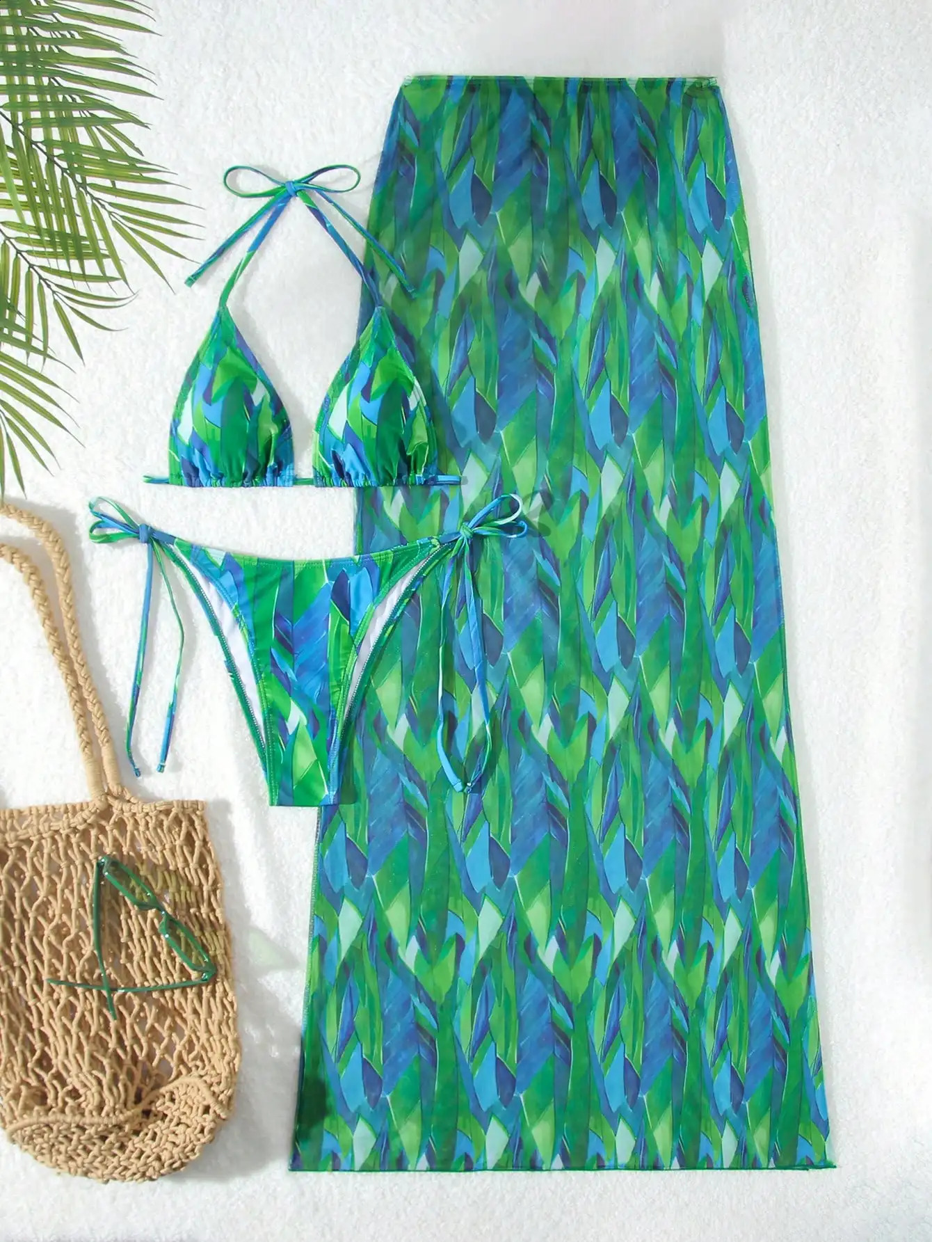 2025 summer peacock green swimsuit threepiece skirt bikini 250506