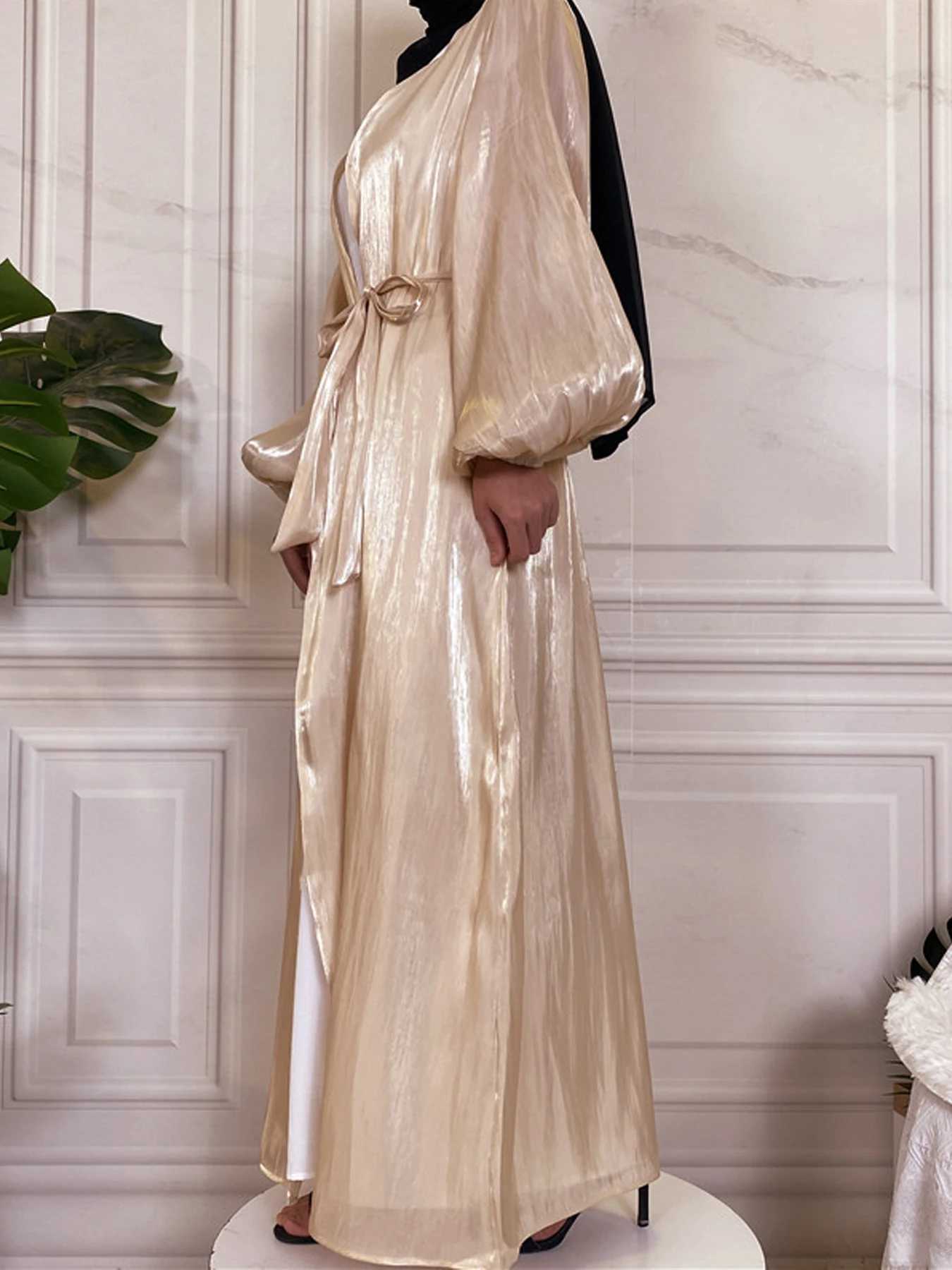 Chic Glitter Muslim Kimono Abaya Puff Slve Retro Ethnic Cardigan Robe Dubai Middle Eastern Saudi Arabia Eid Clothes Outwear X250514