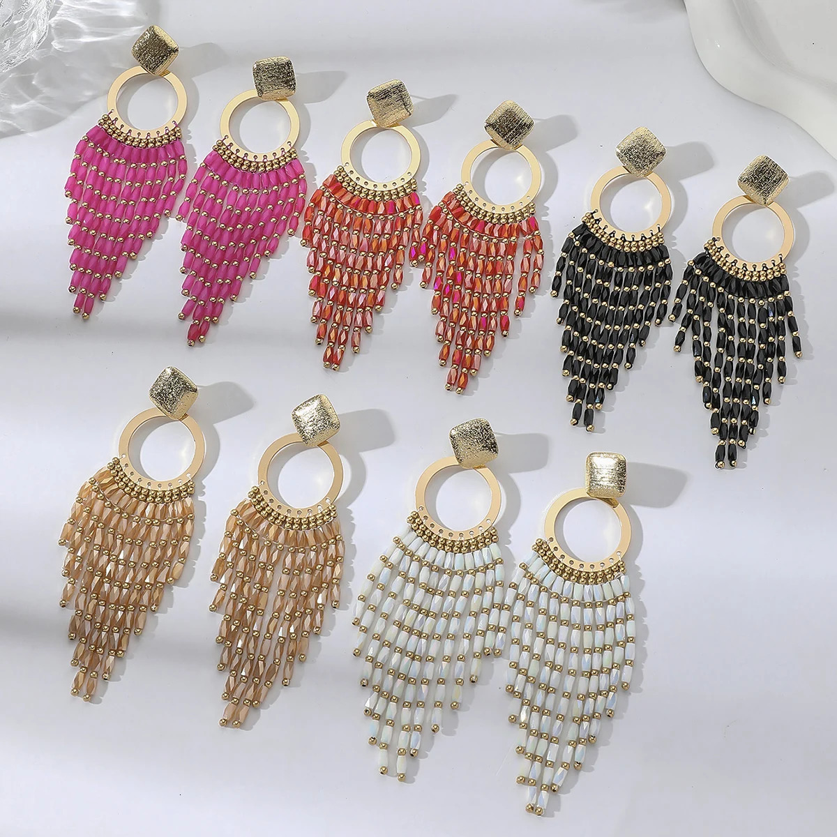 Bohemian Ethnic Crystal Beads Long Tassel Earrings for Women Vintage Elegant Geometric Metal Drop Earrings Handmade Jewelry Gift 250514