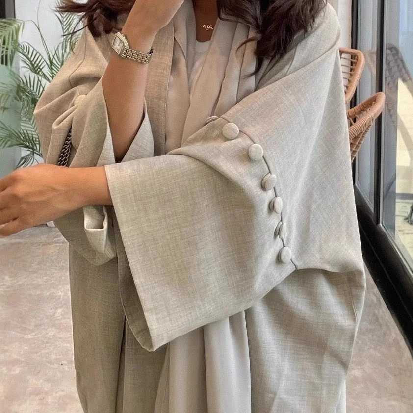 New Solid Color Dubai Cotton Linen Kimono Cardigan Muslim Dress Women Button Closed Slve Open Abaya Islam Clothing Ka Robe X250514