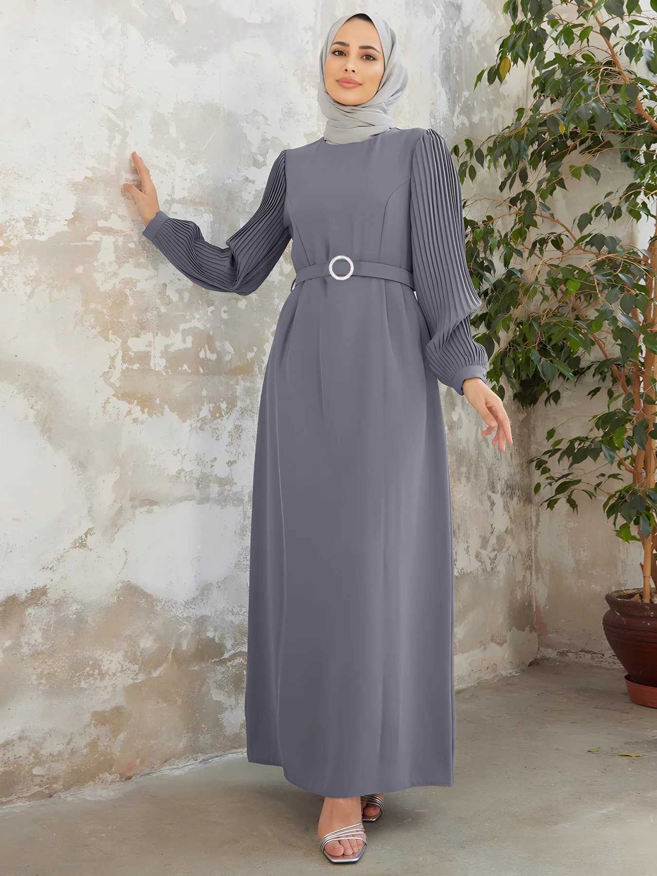 Elegant Muslim Women Pleated Abaya Long Maxi Dresses Turkey Dubai Kaftan Eid Party Gown Islamic Arabic Robe Belt Caftan Jalabiya X250514
