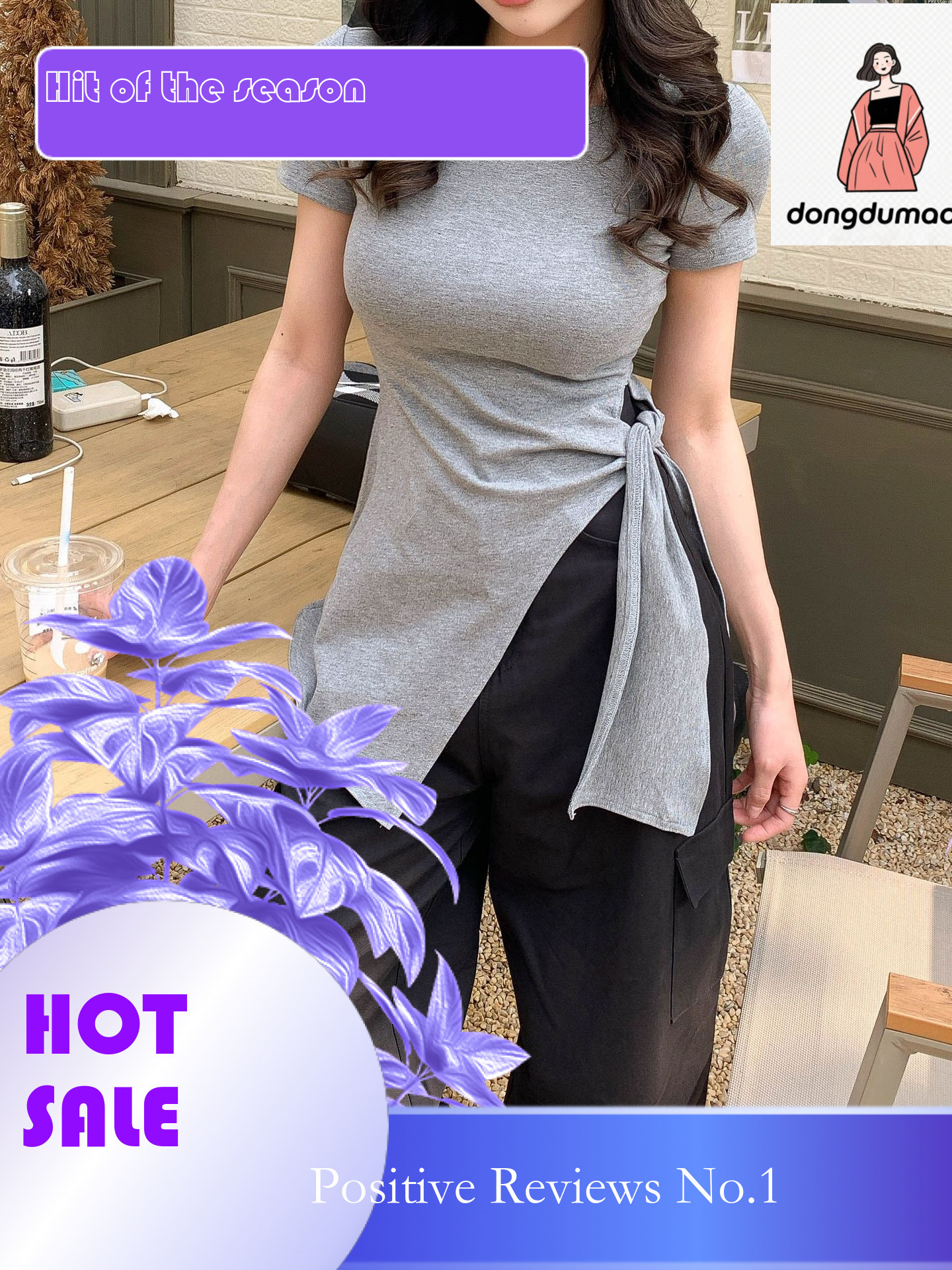 dongdumaoyi Cotton irregular slit strap shoulder short sleeved T-shirt for women in summer 2025, with a mid length design sense