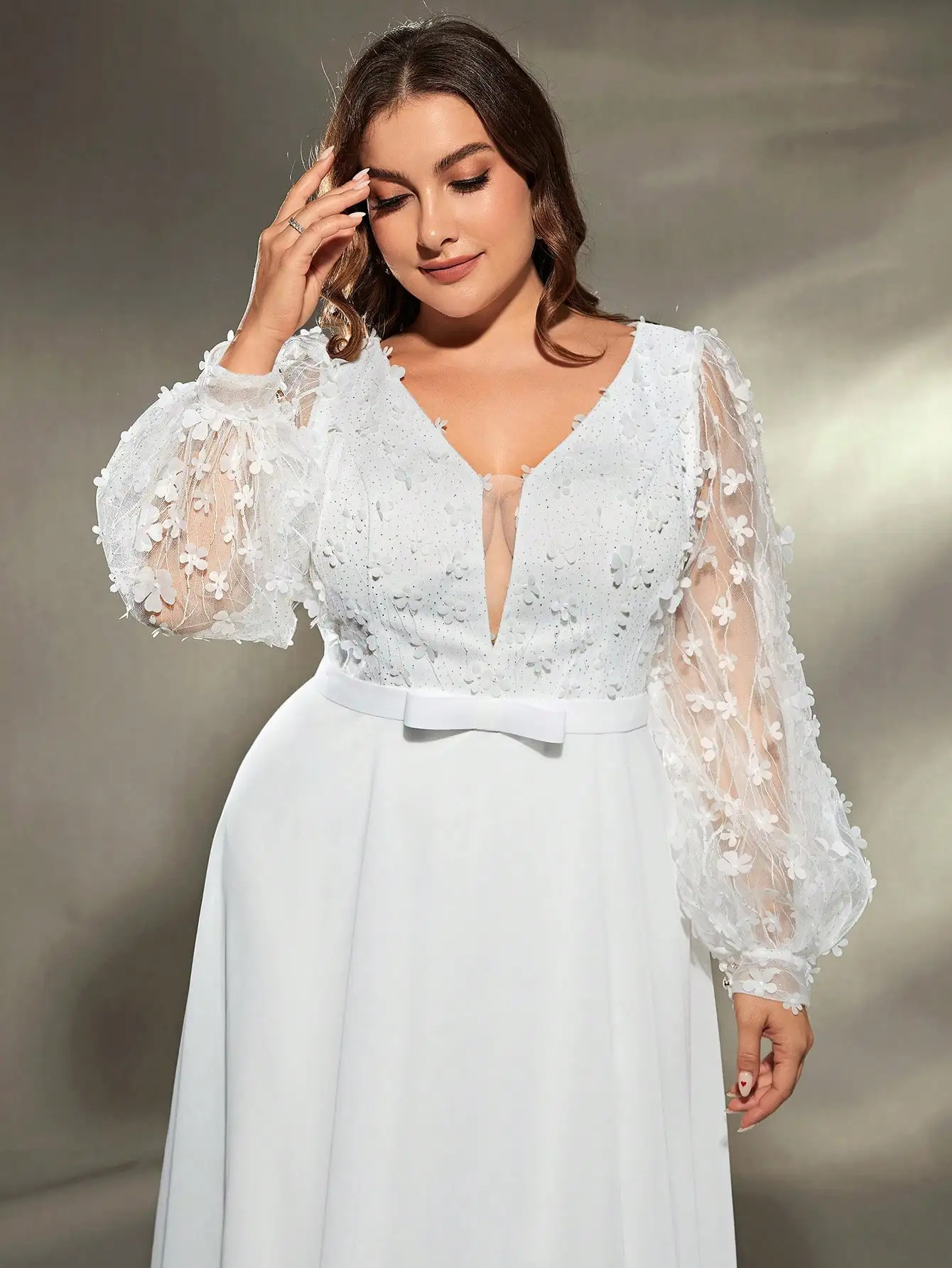 Mgiacy plus size Vneck threedimensional embroidery chiffon train wedding dress Evening gown Ball Party 250506
