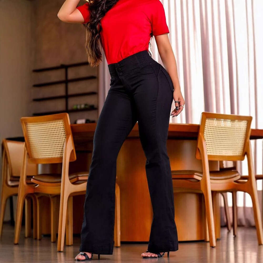 Y2k Pants Undefined Neighbor Devise 2025 Head High Waist Button Elastic Slimming Wide Leg Long Jeans for Women New Product Fashionable Printing Solid 
