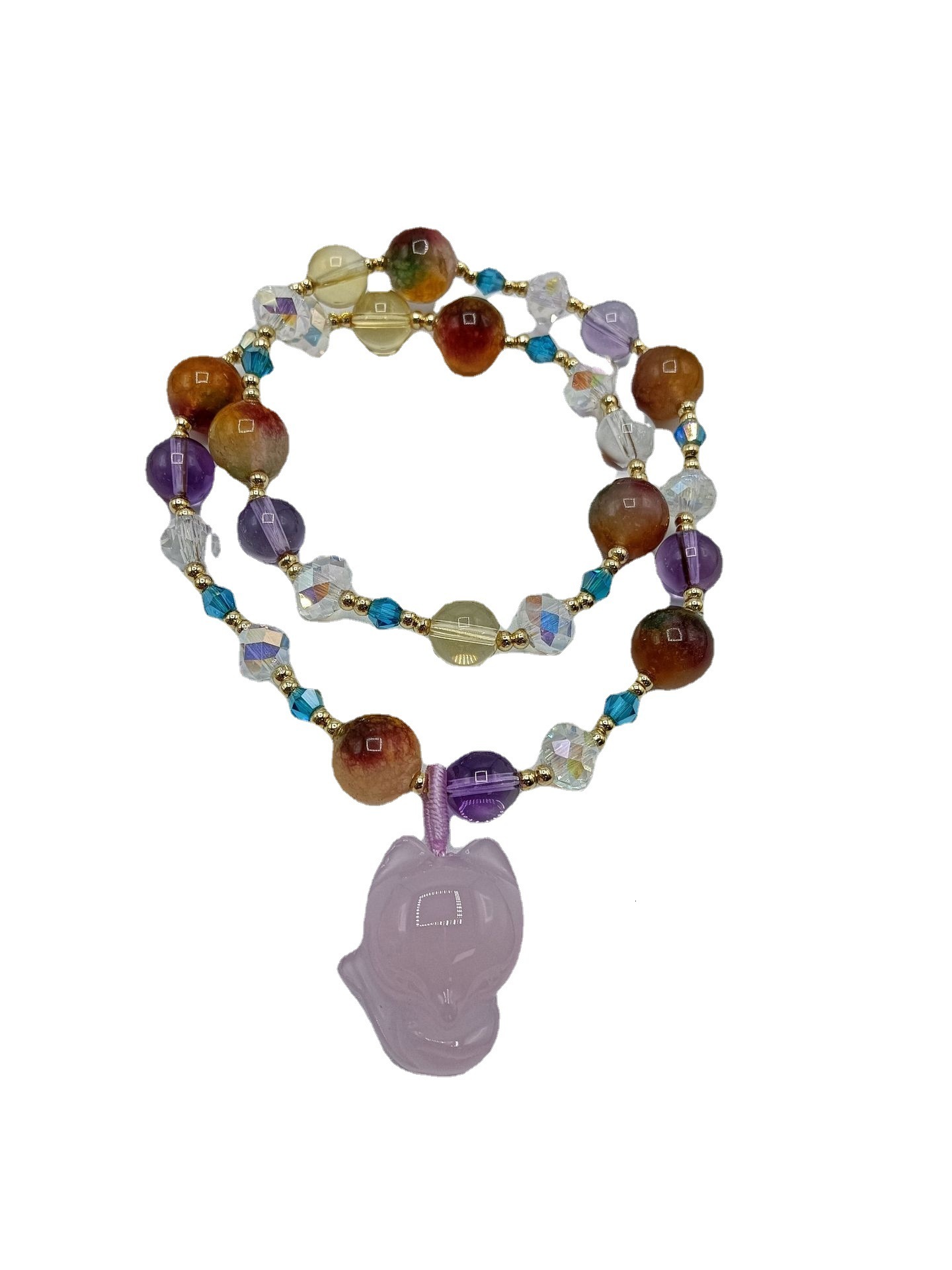 Purple Stone Fox Pendant with Double Loop Pearl and Bead Bracelet