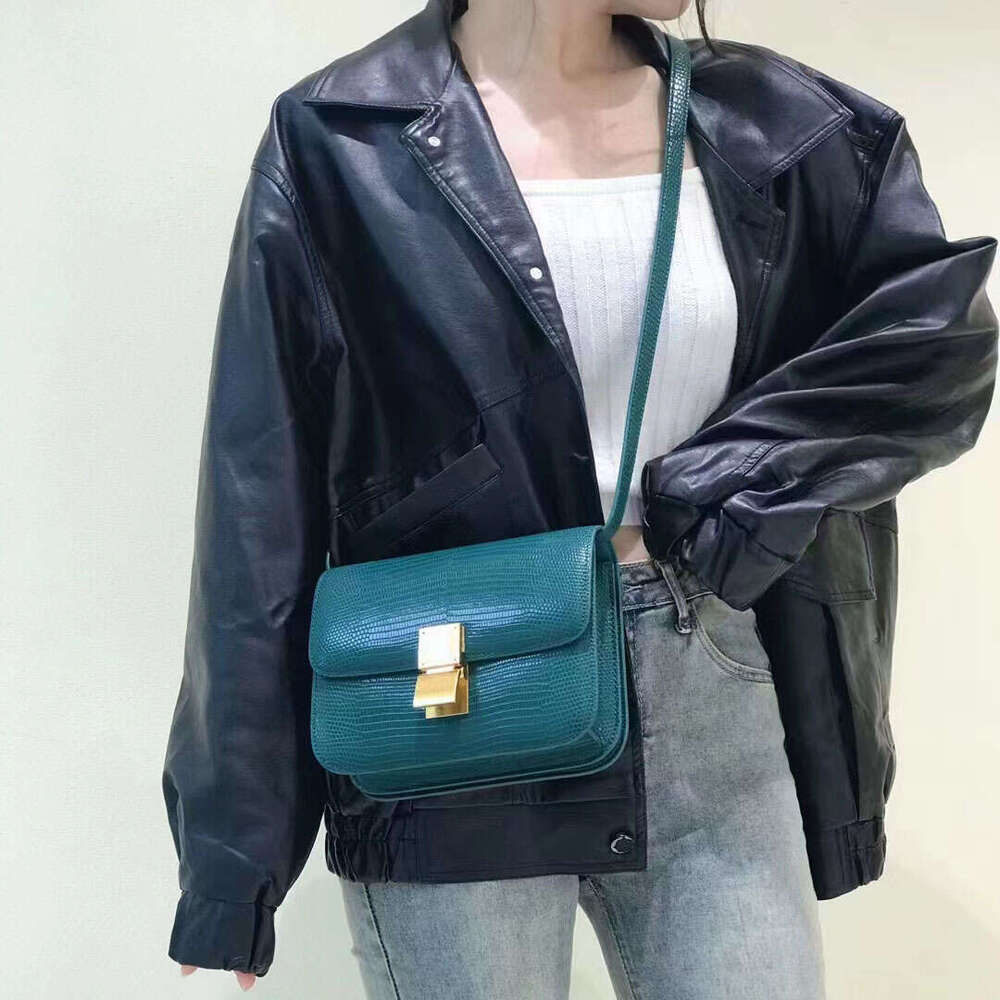2024 New Genuine Leather Women's Lizard Pattern Tofu Simple And Fashionable Diagonal Cross Solid Color Texture Single Shoulder Underarm Bag