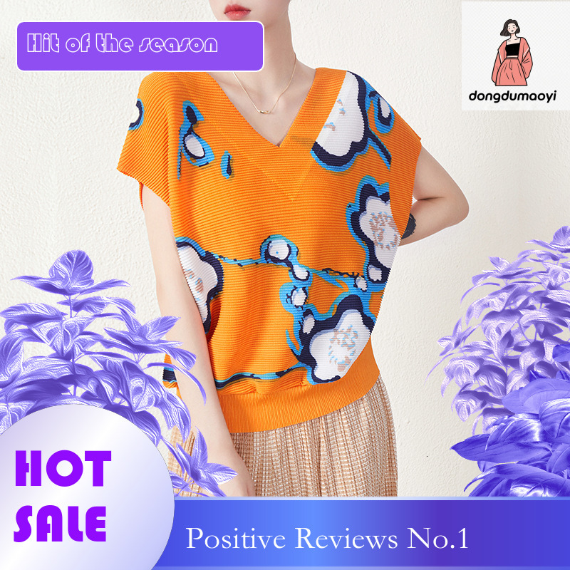 dongdumaoyi Miyake Autumn Costume Art New Style Wrinkle Printed V-neck Knitted Shirt, Vest, Women's Slimming Cover, Top