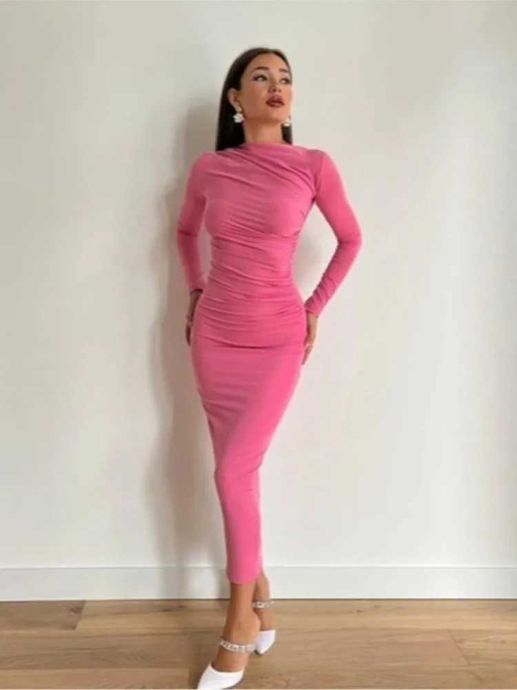 Y2k Solid Color Bodycon Party Long Dress Long Sleeve Package Hip Slim Folds Maxi Dresses For Women Elegant Dresses For WomenXJ250514