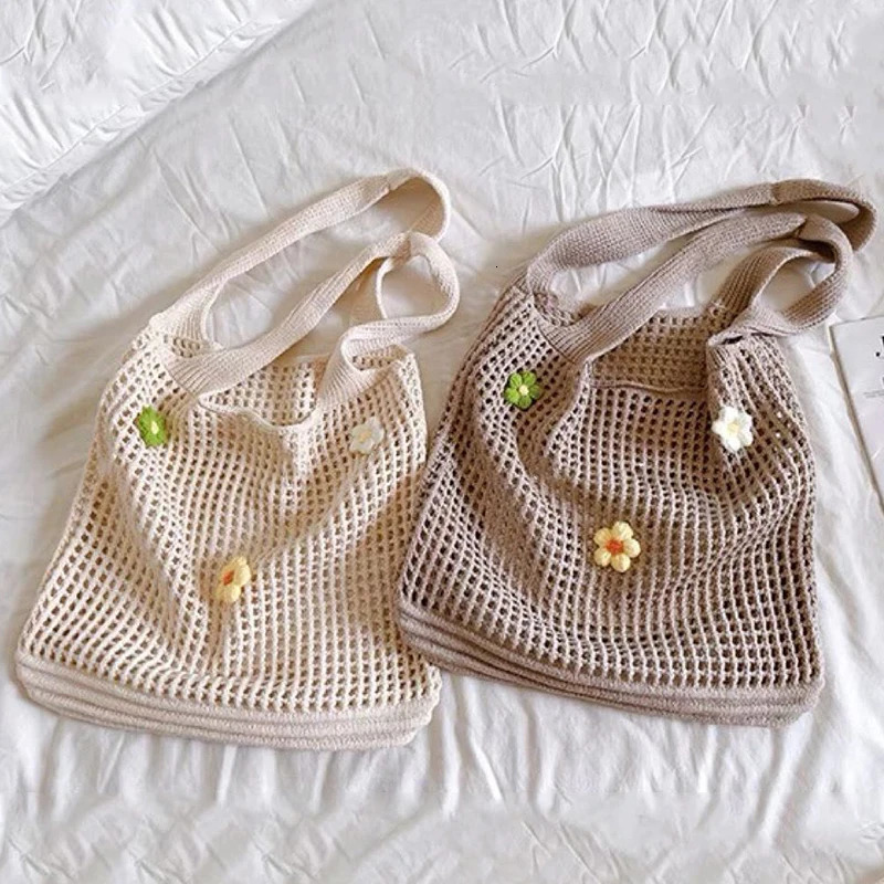 Fashion Hollow Knitted Flower Womens Bags Casual Female Shoulder Crochet Tote Ladies Shopping TopHandle Handbag 250514