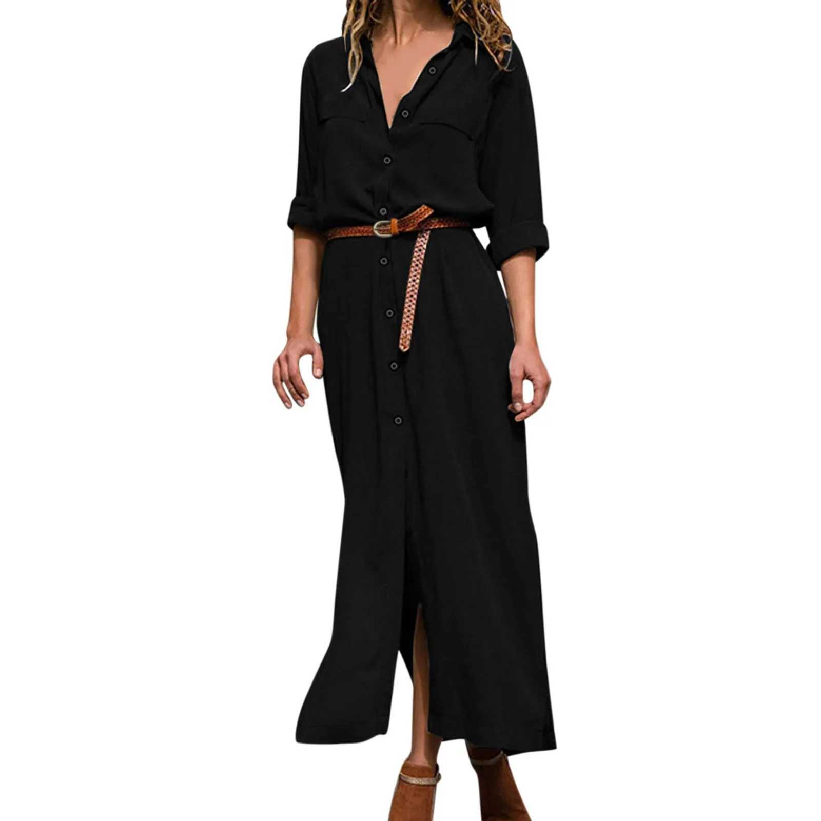 Womens Lace Up Tunic Dresses Summer Streetwear Long Sleeve Shirt Dresses With Belt casual Solid Color Linen Maxi Dress for womenXJ250514