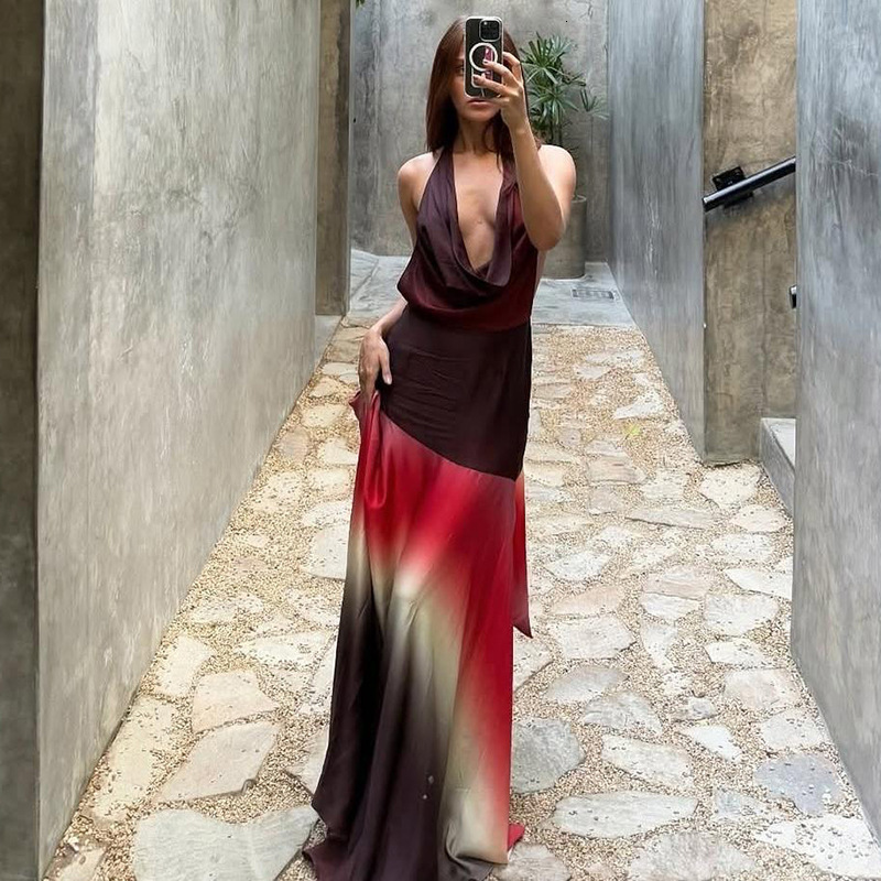 Womens clothing 2025 spring/summer new fashion contrasting print sexy pile neck backless dress for women